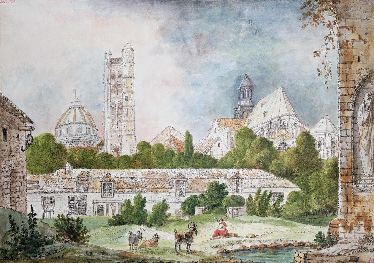 Die neue Kirche von Sainte-Genevieve und Saint-Etienne-du-Mont, gesehen von den Ruinen der Abtei Sainte-Genevieve in Paris, 1807 von Mme. Duchateau