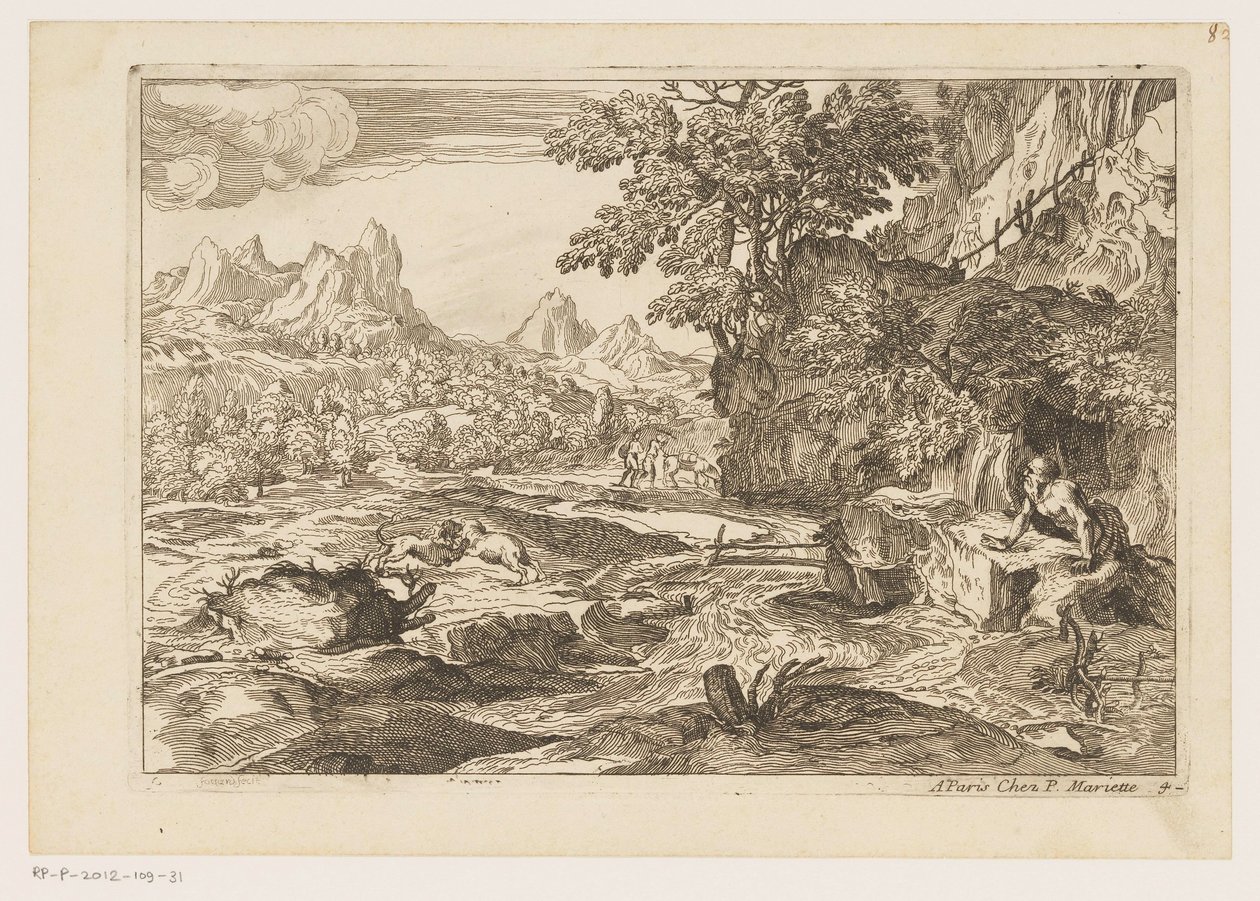 Landschaft mit dem heiligen Hieronymus mit zwei kämpfenden Löwen von Moise Jean Baptiste Fouard