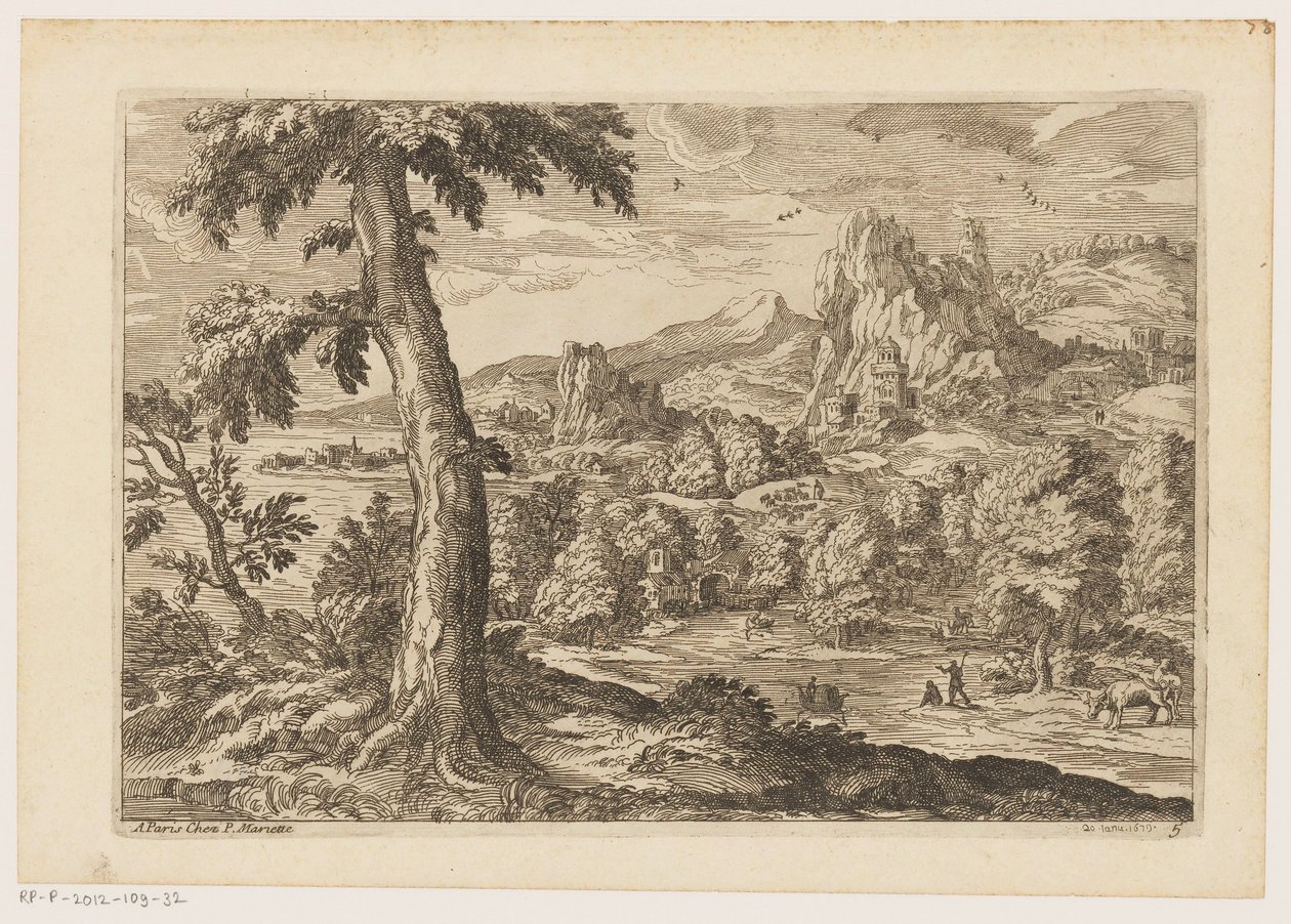 Landschaft mit Figuren entlang eines Flusses von Moise Jean Baptiste Fouard