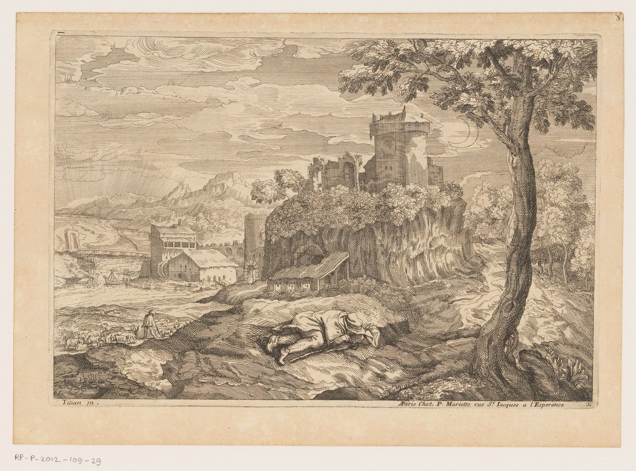 Landschaft mit ruhendem Hirten, im Hintergrund ein Fluss mit Brücke und Wassermühle von Moise Jean Baptiste Fouard