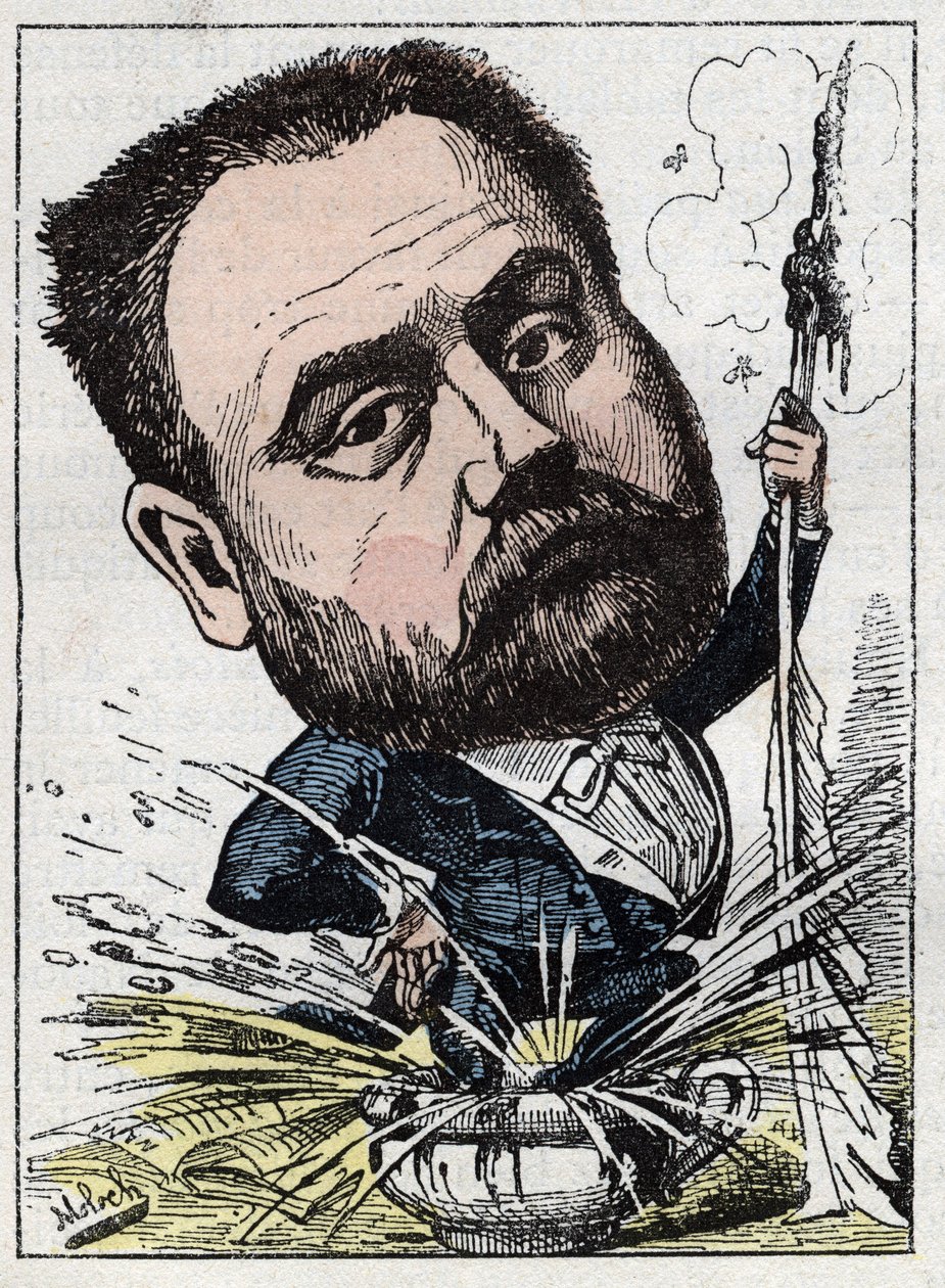 Porträt von Emile Zola (1840-1902), französischer Schriftsteller in Le Trombinoscope von Touchatout, Karikatur von B. Moloch von 1882. Private Sammlung von Moloch