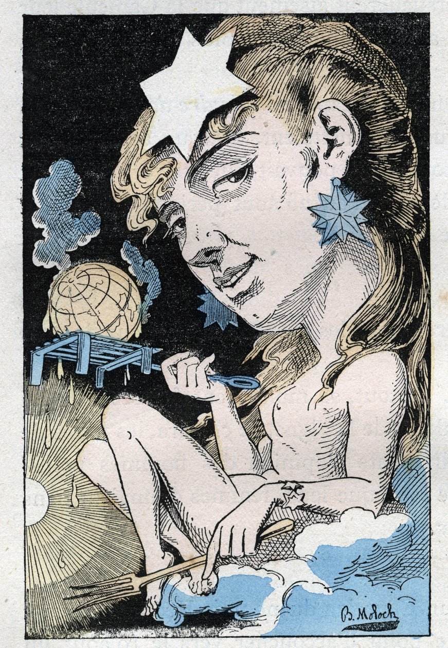 Allegorie der Hitzewelle in „Le Trombinoscope“ von Touchatout, Karikatur von B. Moloch von 1882 (1849-1909). Private Sammlung von Moloch