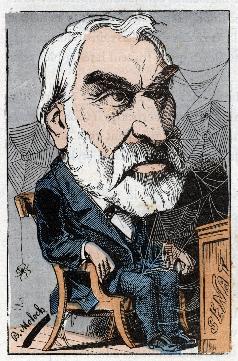 Eugene Pelletan (1813-1884), französischer Literaturjournalist und Politiker in „Le Trombinoscope“ von Touchatout, Karikatur von B. Moloch von 1882 (1849-1909). Private Sammlung von Moloch