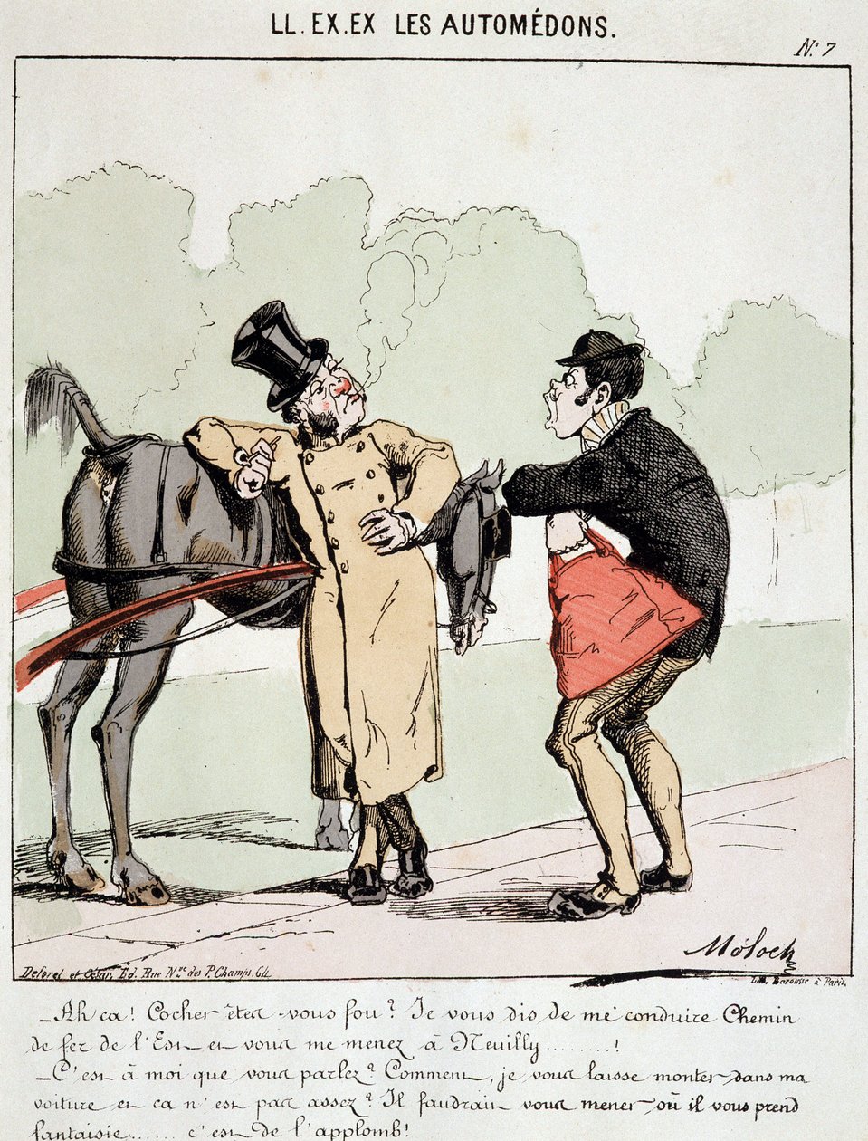 HE. EX. EX. Motoredons: Karikatur des Transports in der Stadt. Ein Bourgeois, der den Kutscher bat, ihn zum Gare de l