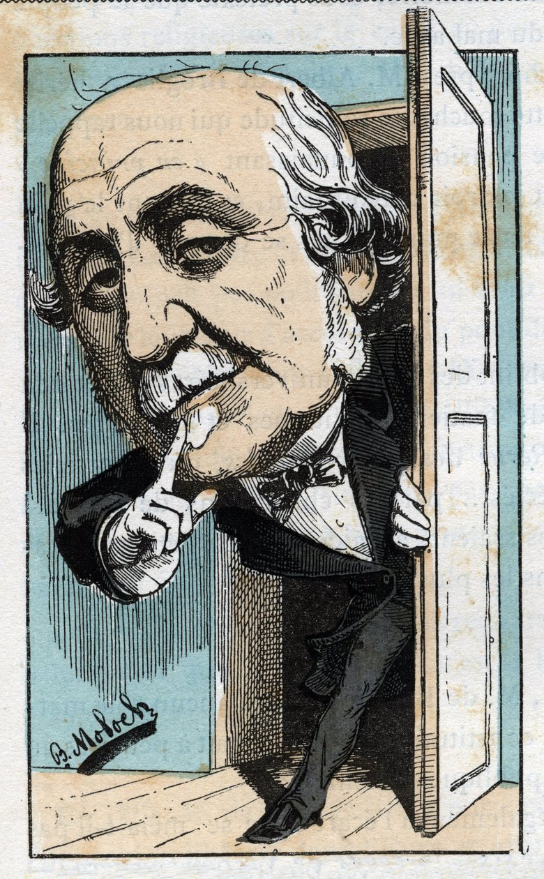 Porträt von Albert, Herzog von Broglie (1821-1901), französischer Historiker und Politiker in „Le Trombinoscope“ von Touchatout, Karikatur von B. Moloch von 1882 (1849-1909). Private Sammlung von Moloch