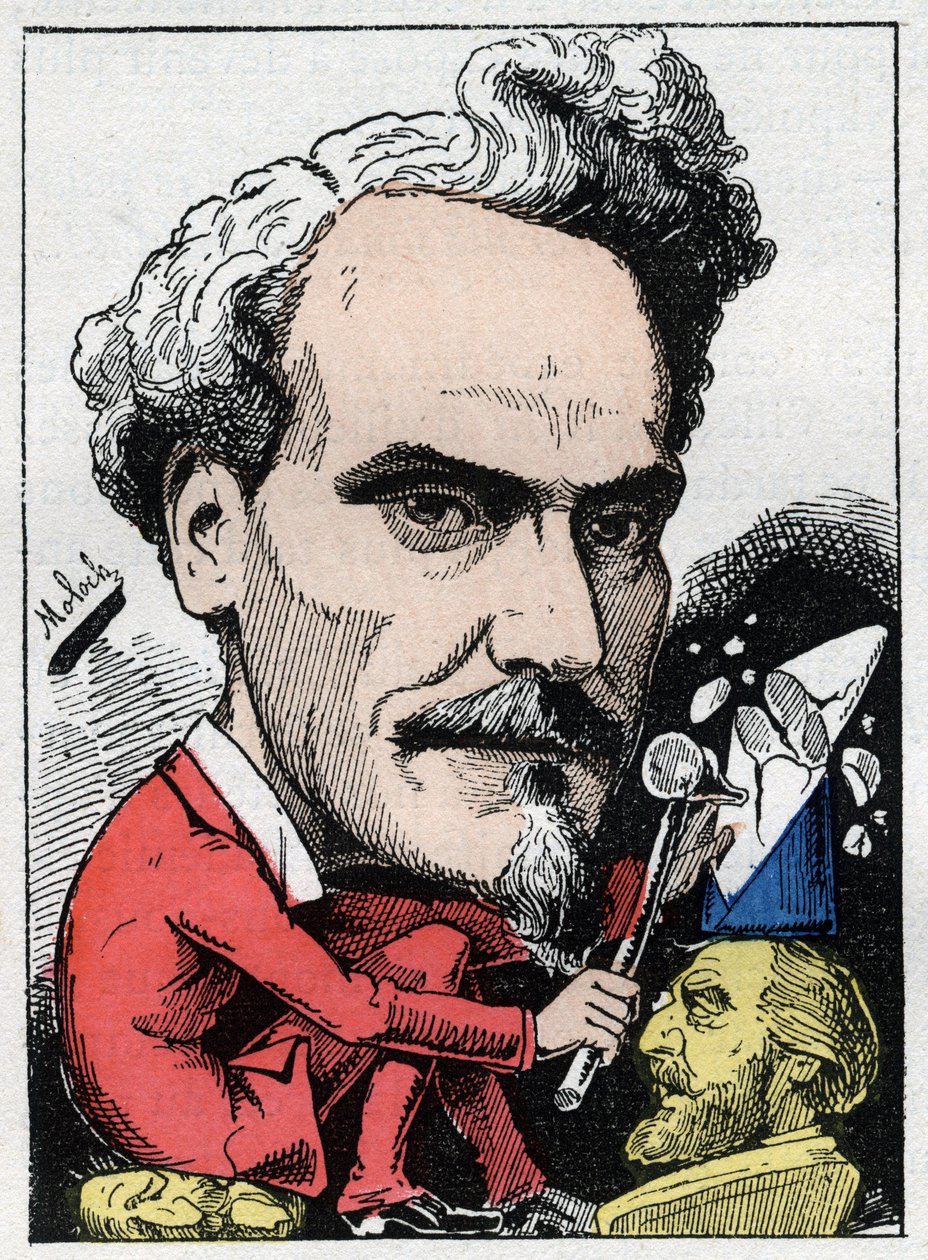 Porträt von Henri de Rochefort (1831-1913) Marquis de Rochefort, Journalist, Politiker und Schriftsteller in „Le Trombinoscope“ von Touchatout, Karikatur von B. Moloch von 1882 (1849-1909). Private Sammlung. von Moloch