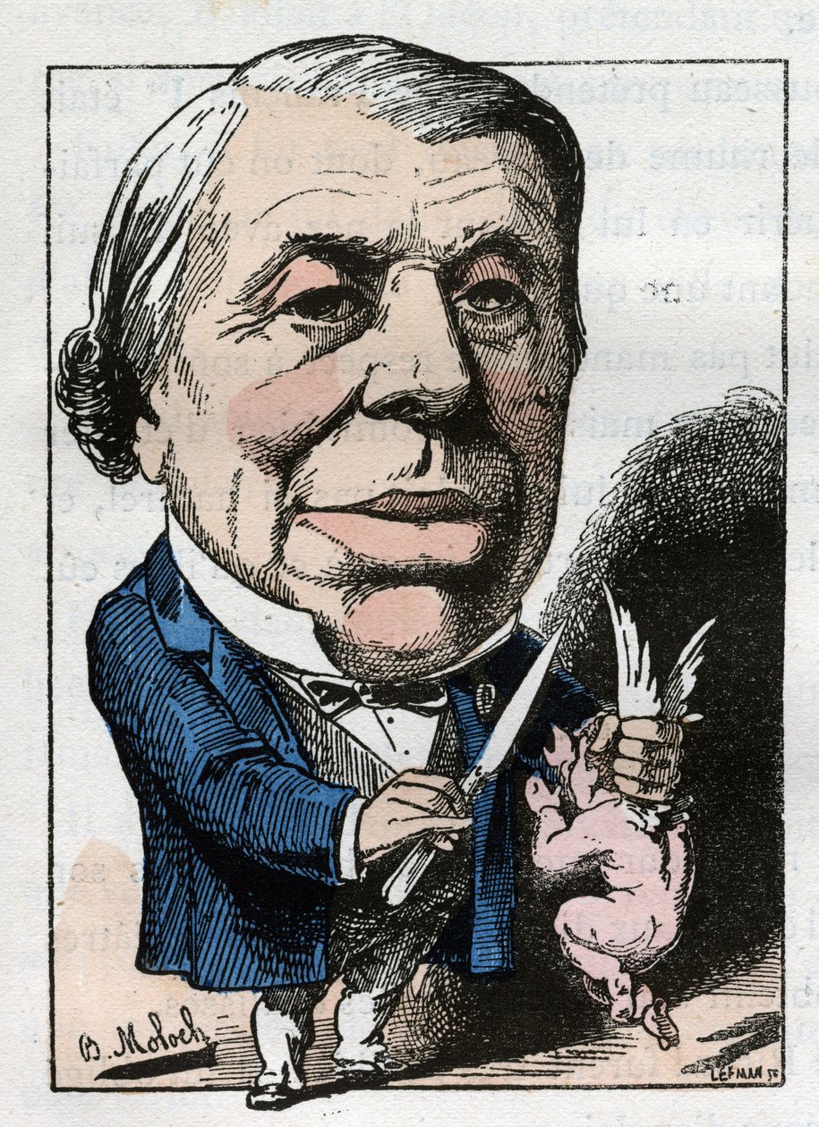 Porträt von Philippe Ricord (1800-1889), französischer Chirurg in „The Trombinoscope“ von Touchatout, Karikatur von B. Moloch von 1882 (1849-1909). Private Sammlung von Moloch