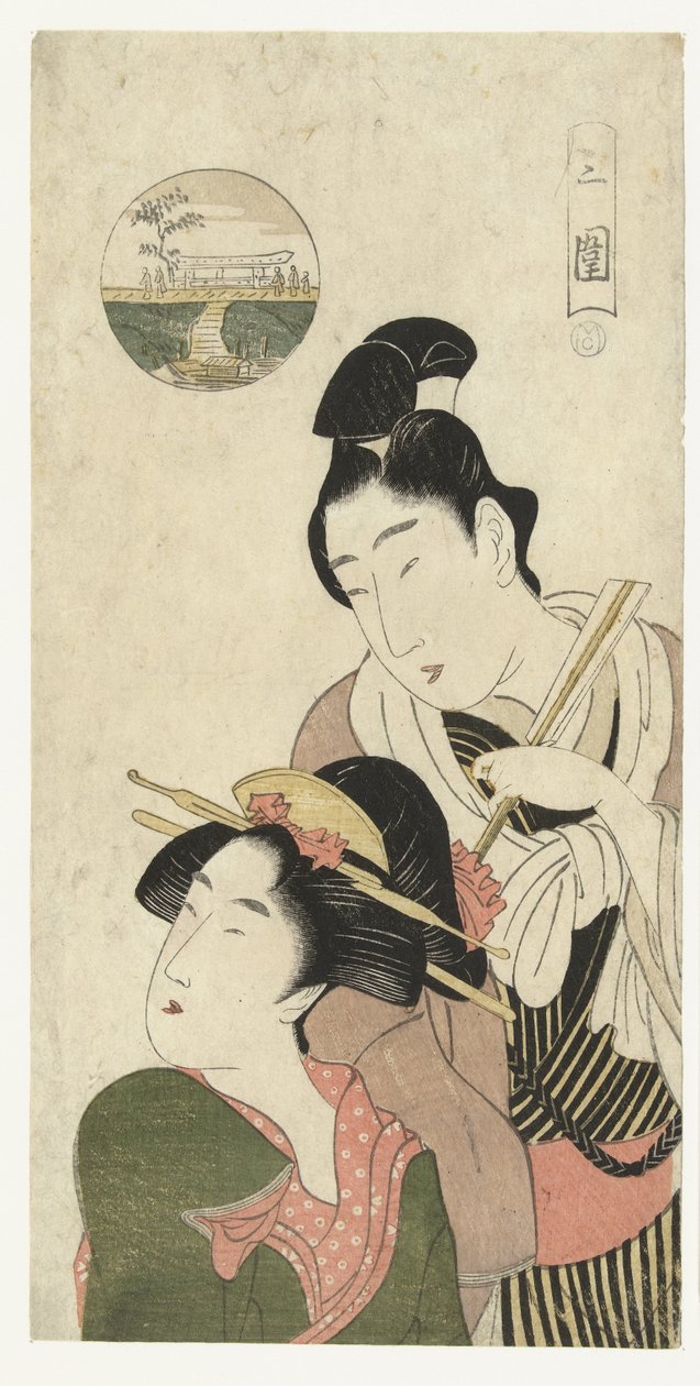 Mann und Frau denken über einen Besuch in Mimeguri nach von Momokawa Chôki (attributed to)