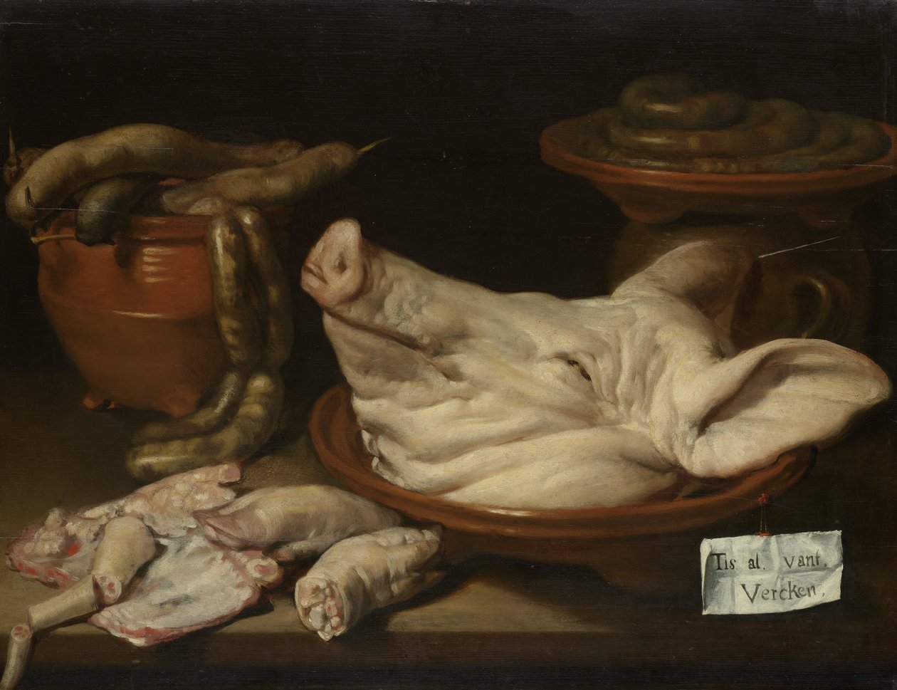 Stillleben mit Schweinskopf, Schweinsfüßen und Wurst, ca. 1650 von Monogrammist JVR