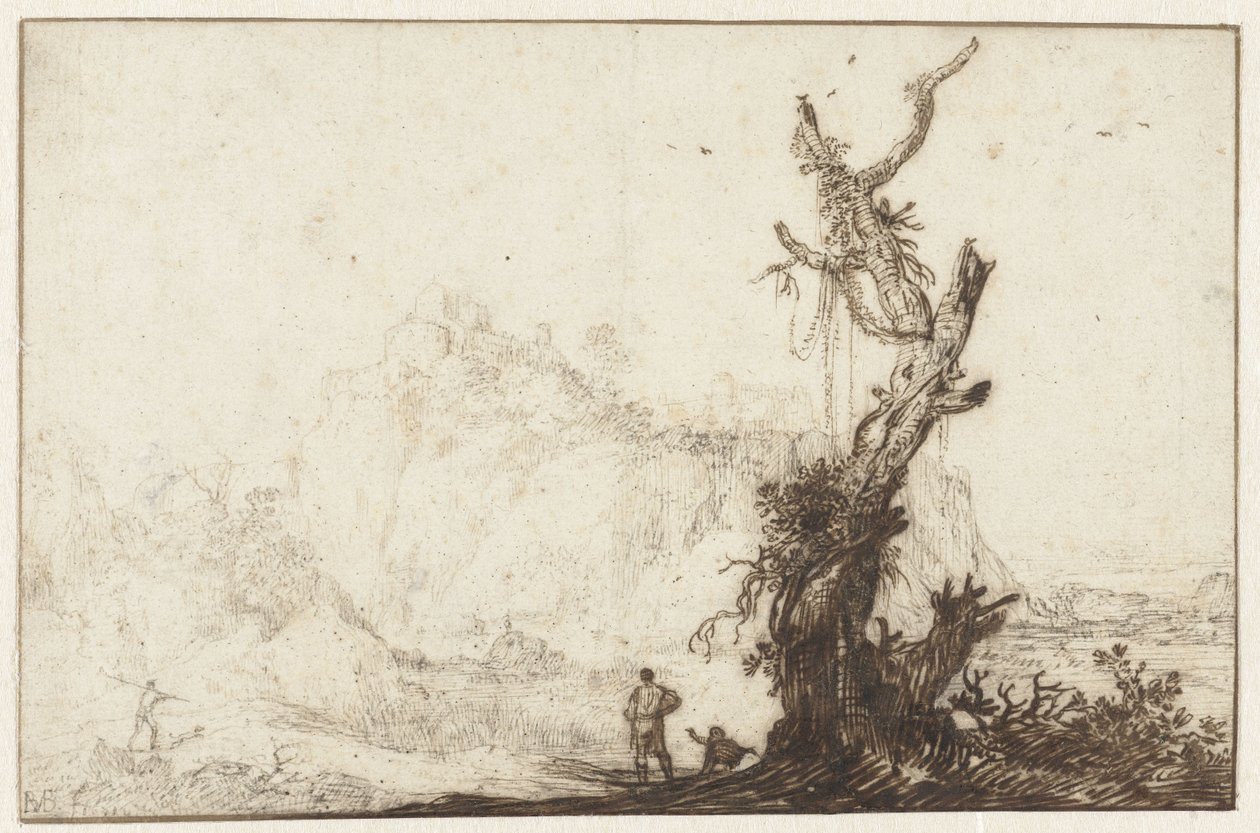 Berglandschaft mit einem kahlen Baum im Vordergrund von Monogrammist BVB