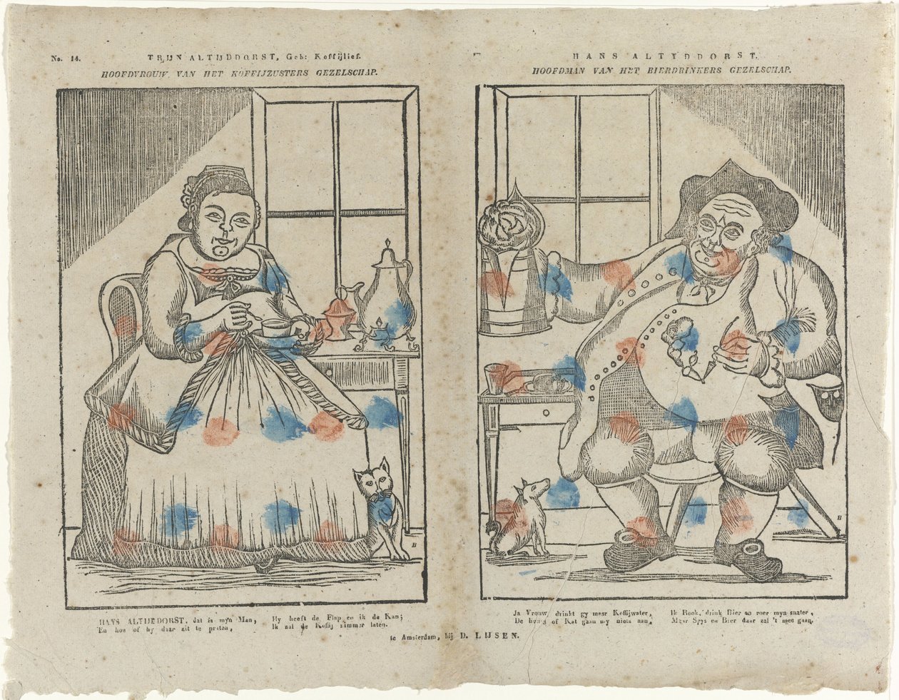 Trijn Antijddorst, Geb: Koffijlief. Hoofdvrouw van het koffijzusters gezelschap. Hans Altyddorst. Hoofdman van het bierdrinkers gezelschap von Monogrammist B (prentmaker)