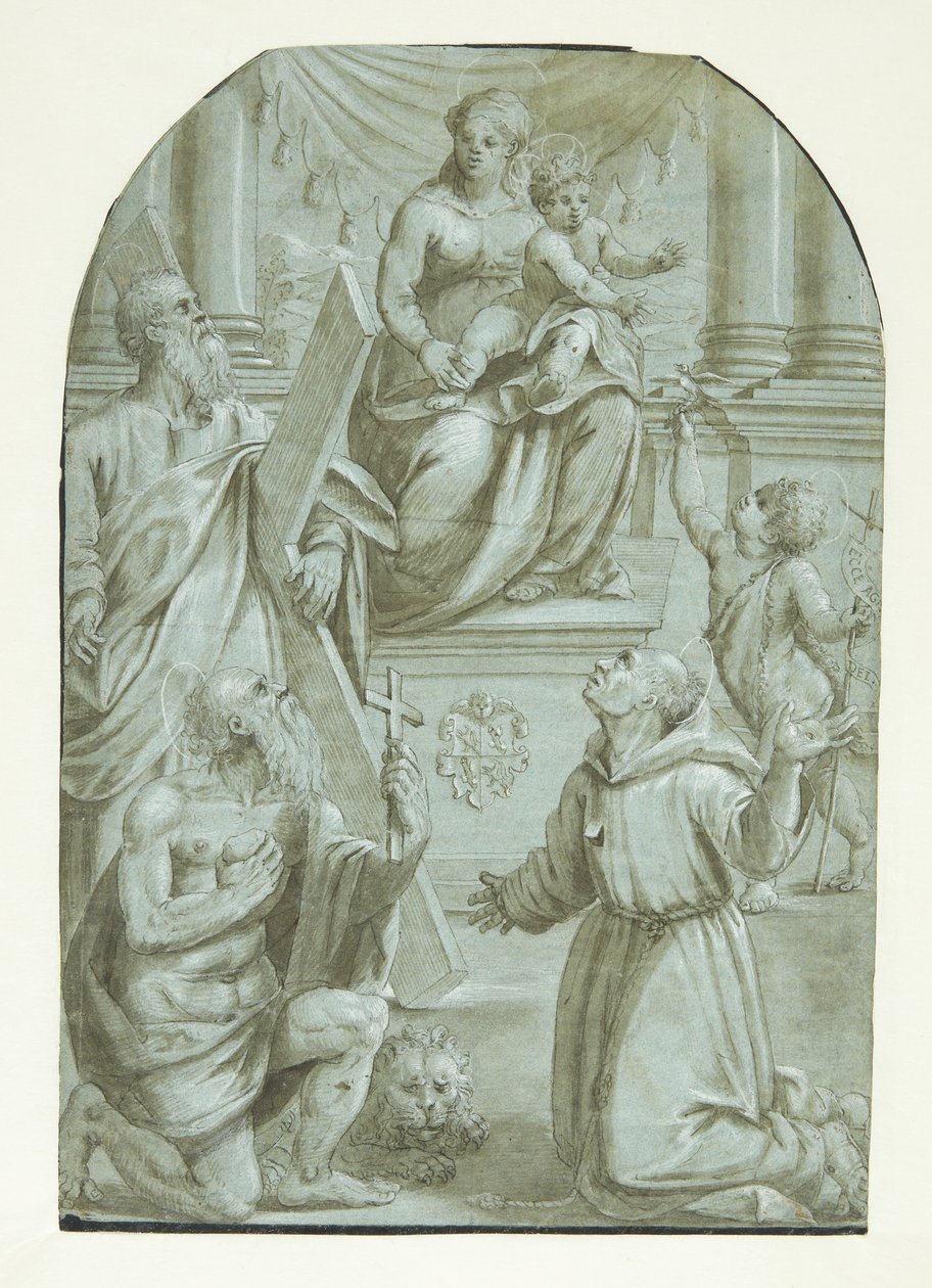 Maria mit dem Jesuskind thronend, umgeben von Apostel Andreas, Johannes dem Täufer als Kind, dem heiligen Hieronymus und dem heiligen Franz von Assisi von Moretto da Brescia