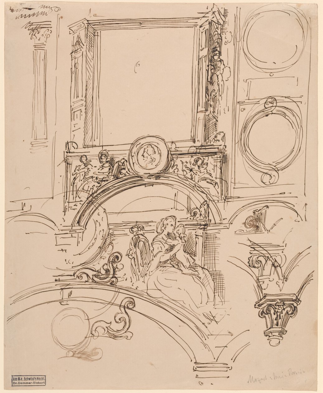 Architektonische Details für eine Wanddekoration mit Kaiserin Maria Theresia, die den jungen Wolfgang Amadeus Mozart umarmt von Moritz Ludwig von Schwind