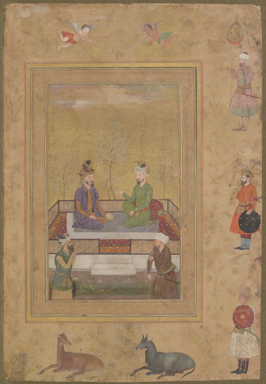 Babur und Humayun mit Höflingen, aus dem späten Shah Jahan Album, losgelöstes Manuskriptfolio, ca. 1640 von Mughal School