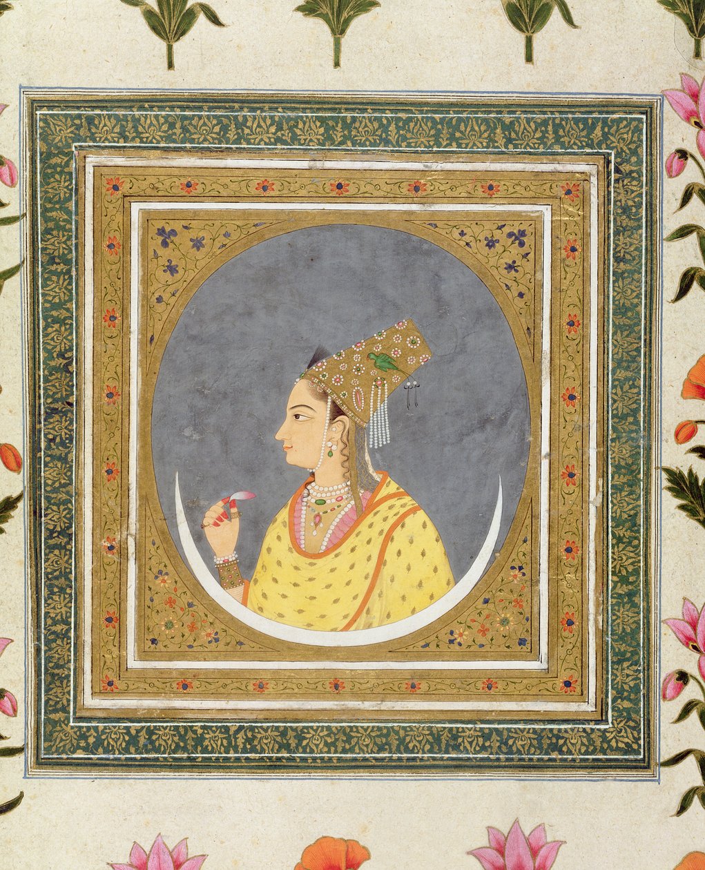 Porträt einer Dame, die ein Lotusblatt hält, aus dem kleinen Clive-Album, ca. 1750-60 von Mughal School