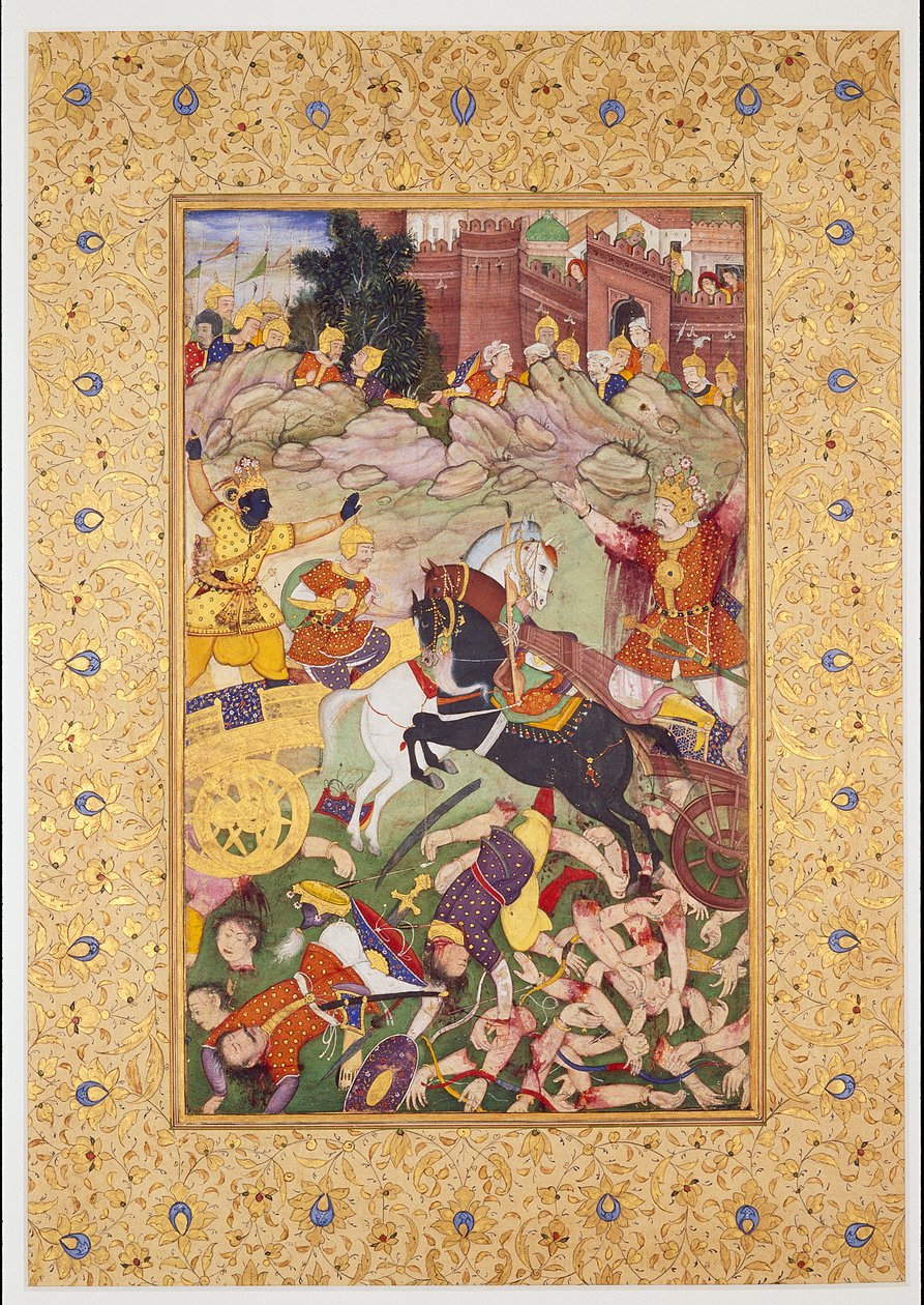 Kampfszene: Die Pandavas angeführt von Krishna gegen die Kauravas angeführt von Bhishma, spätes 16. Jahrhundert von Mughal School