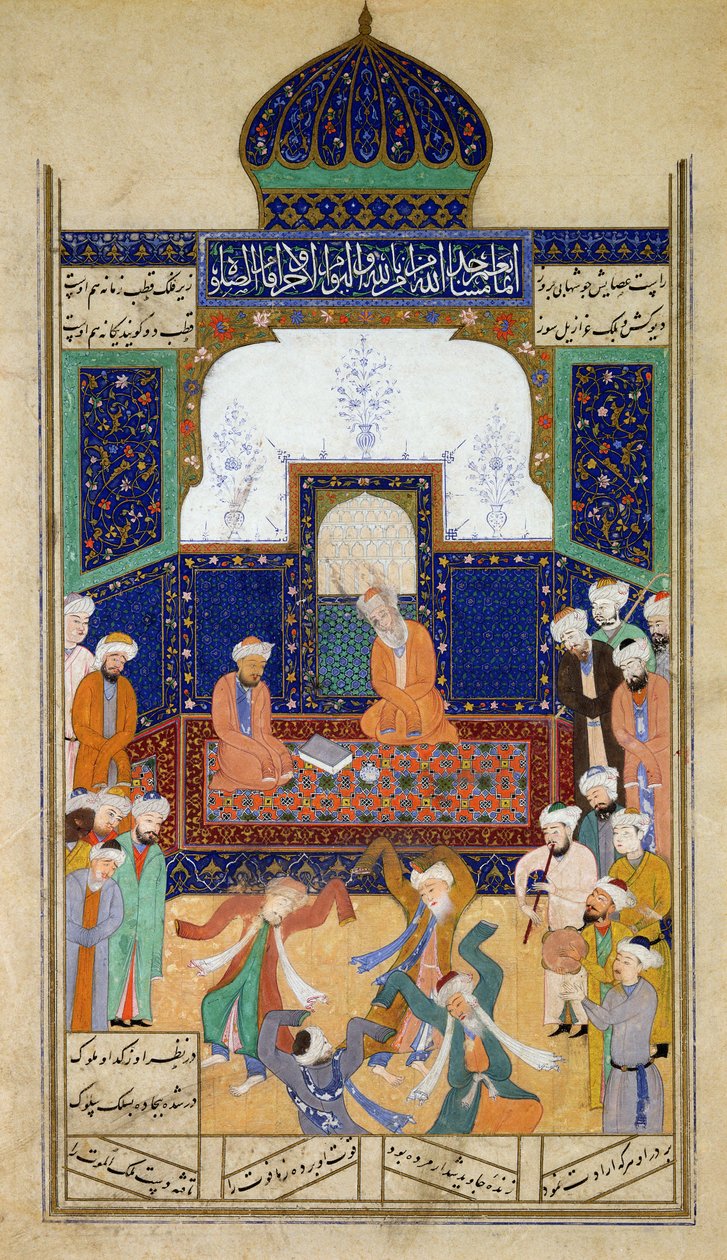 Derwische tanzen zur Musik vor ihrem Scheich und einem Schüler, aus dem Khamsah von Prinz Khusrau, Matla al-Anvar, 1485 (890 Hijra) von Mughal School