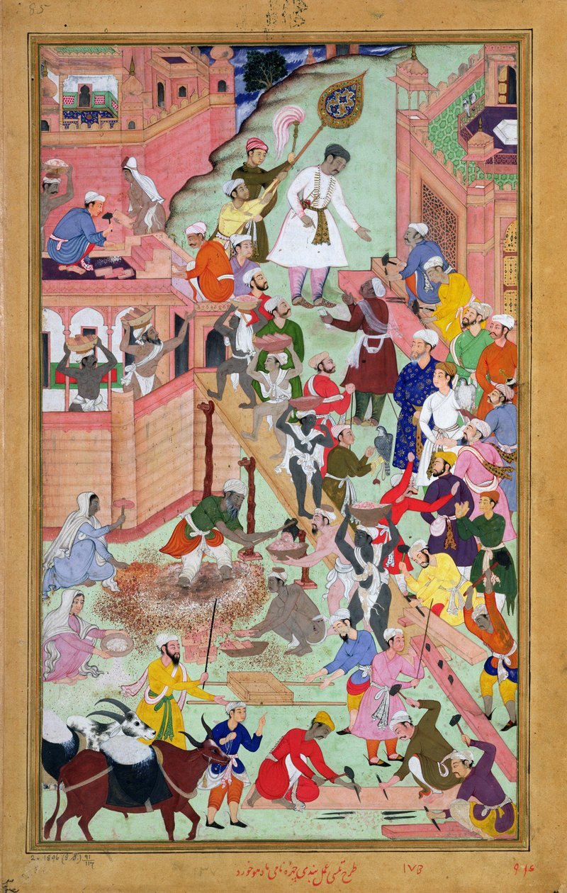 Kaiser Akbar (r.1556-1605) inspiziert die Bauarbeiten in Fatepur Sikri, Stadt fertiggestellt 1584, aus dem Akbarnama, 1590-98 von Mughal School