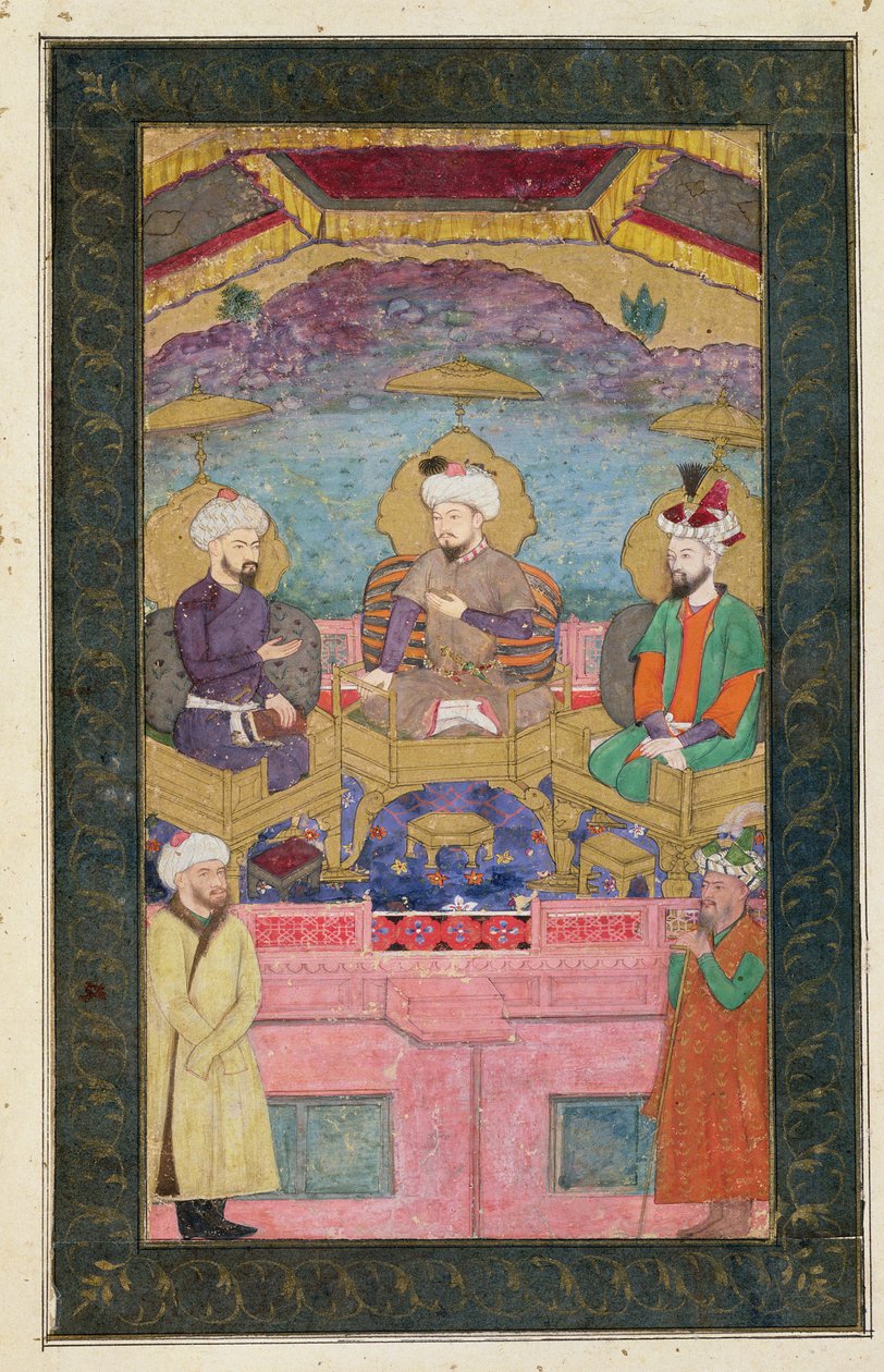 Timur (1336-1405), Babur (1483-1530, r.1526-30) und Humayan (1508-56, r.1530-56) zusammen auf dem Thron, aus dem Großen Clive-Album, nach einem Original aus dem 17. Jahrhundert von Mughal School