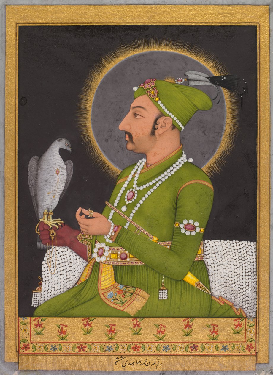 Posthumes Porträt des Mogulkaisers Muhammad Shah, regierte 1719-1748, recto, 1764 von Muhammad Rizavi Hindi