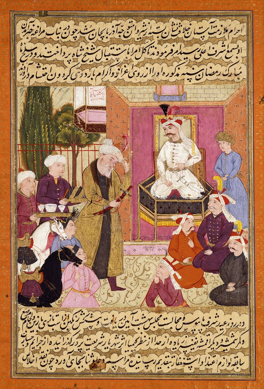Shah Abbas auf dem Weg zwischen Sherwan und Aserbaidschan, empfängt Sher Shah, um 1688 von Muin Musavvir