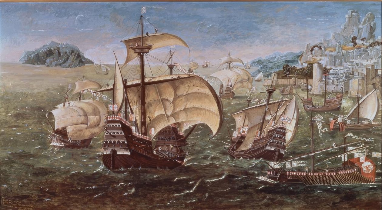 Portugiesische Schiffe an einer felsigen Küste – 16. Jahrhundert – Kopie des Originals aus dem Greenwich Museum von Munday John