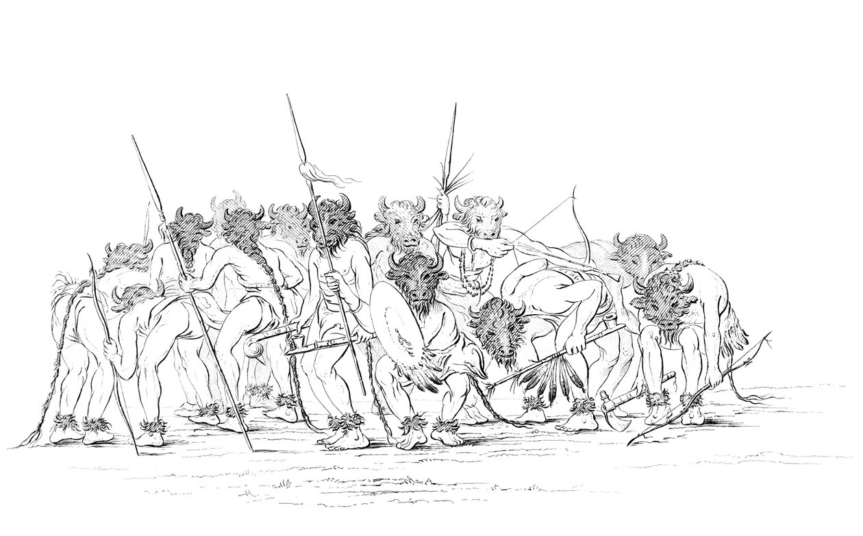Indianische Jäger tanzen mit Büffelmasken, 1841 von Myers and Co