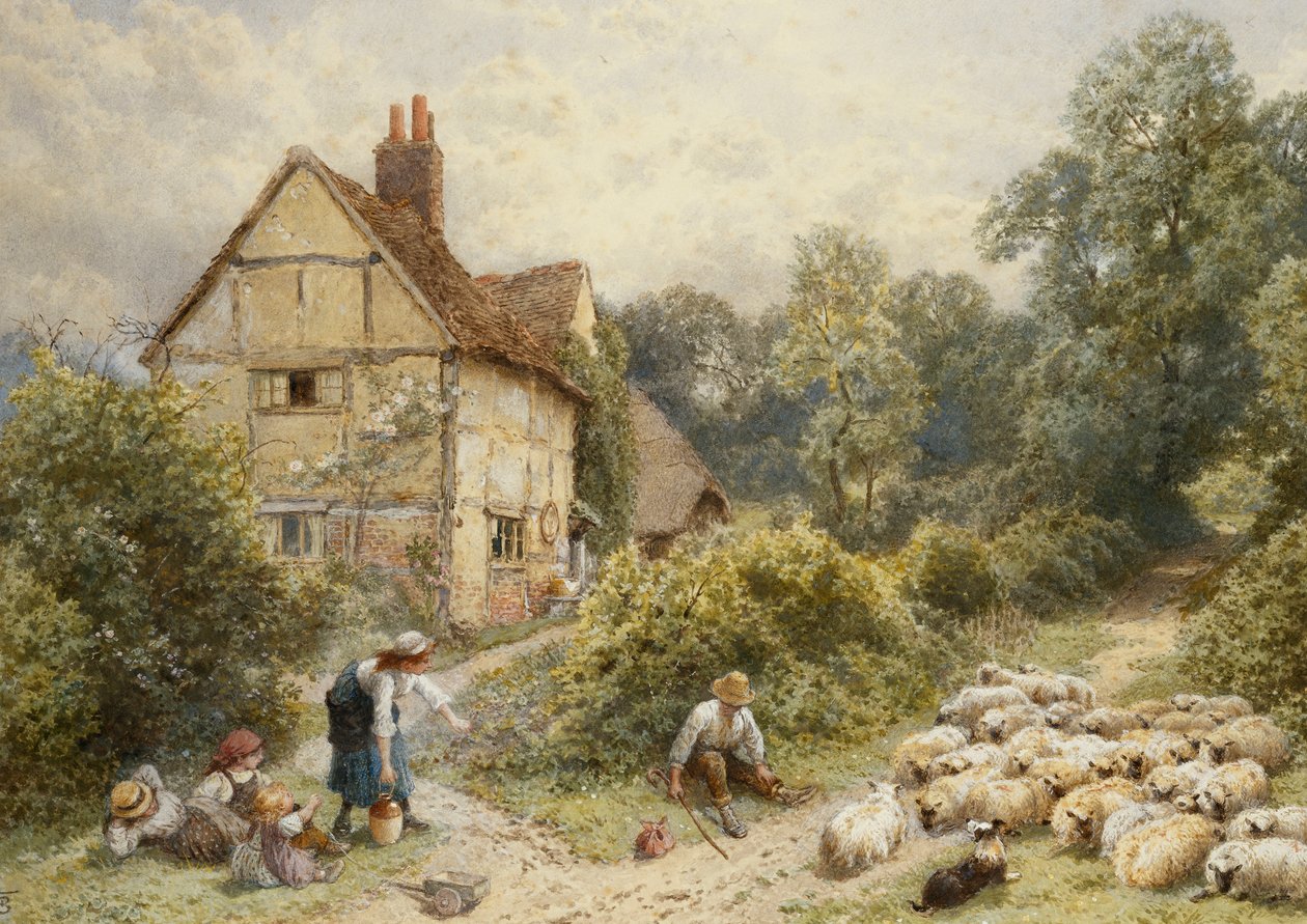 Fowl House Farm, Witley, mit Kindern, einem Schäfer und einer Schafherde in der Nähe von Myles Birket Foster