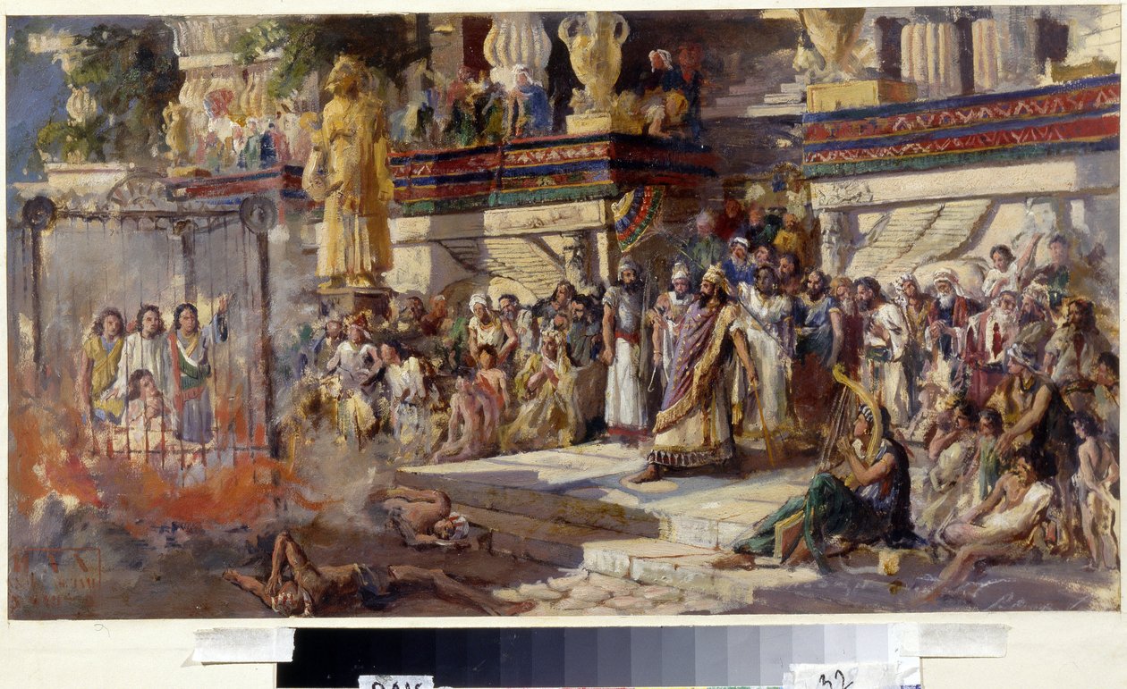 Die drei jungen Juden im Feuerofen. Nebukadnezar II., König von Babylon zwischen 605 und 562 v. Chr., lässt die drei Juden, die sich weigerten, vor seiner goldenen Statue niederzuknien, ins Feuer werfen. von N. T. Malyshev