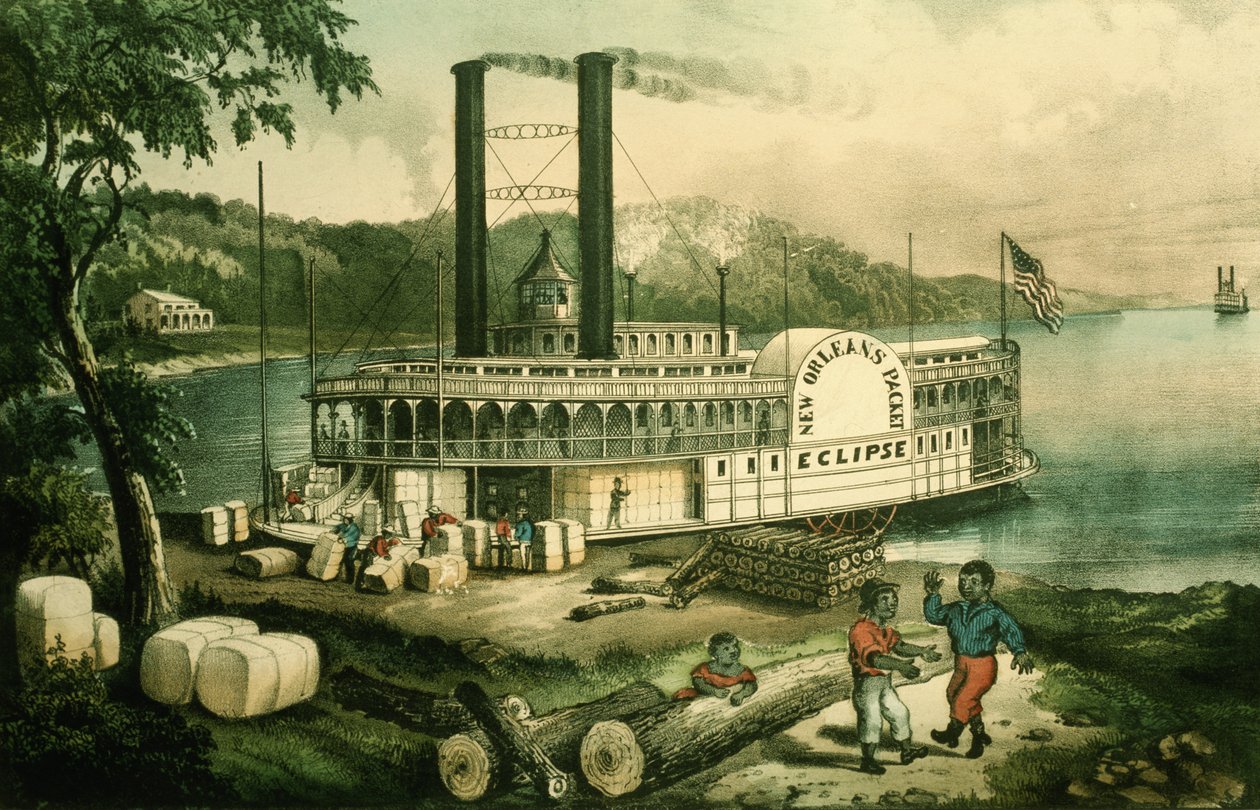 Baumwollverladung am Mississippi von N. and Ives J.M. (1824-95) Currier