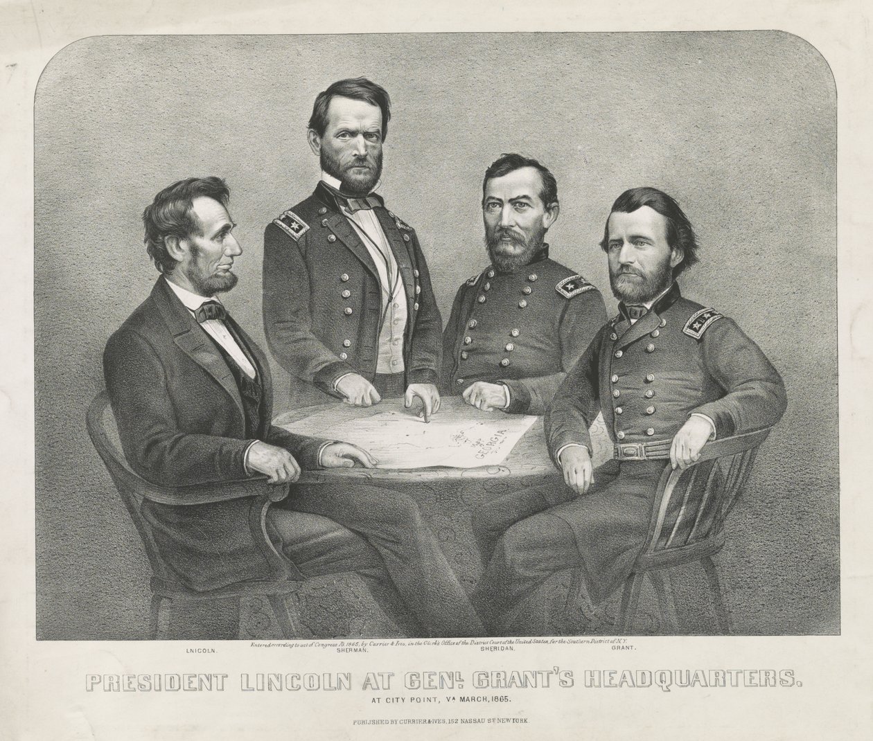 Präsident Lincoln im Hauptquartier von General Grant, ca. 1865 (Lithographie) von Currier and Ives