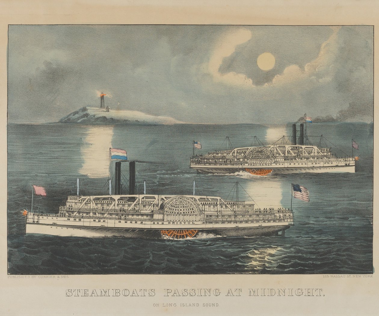 Dampfschiffe passieren um Mitternacht auf dem Long Island Sound von Currier and Ives