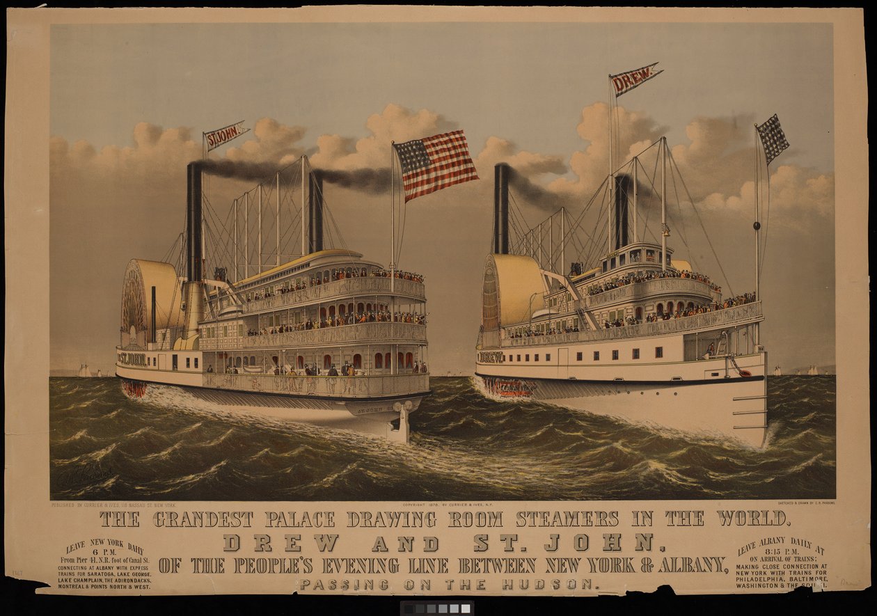 Der prächtigste Palast-Zeichensaal-Dampfer der Welt, Drew und St. John der Peoples Evening Line zwischen New York & Albany... von N. and Ives J.M. (1824 95) Currier
