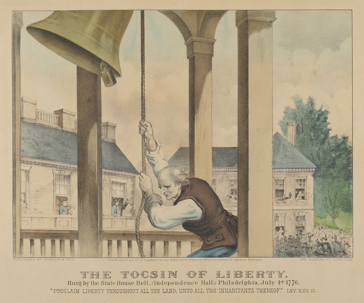 Der Freiheitsalarm, geläutet von der State House Glocke, Philadelphia am 4. Juli 1776 von Currier and Ives