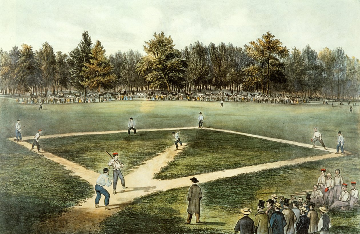 Das amerikanische Nationalspiel Baseball - Großes Spiel auf den Elysian Fields, Hoboken, NJ, 1866 von N. and Ives, J.M. Currier