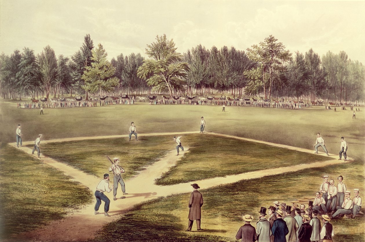 Das amerikanische Nationalspiel Baseball - Großes Spiel auf den Elysian Fields, Hoboken, NJ, 1866 von N. and Ives, J.M. Currier