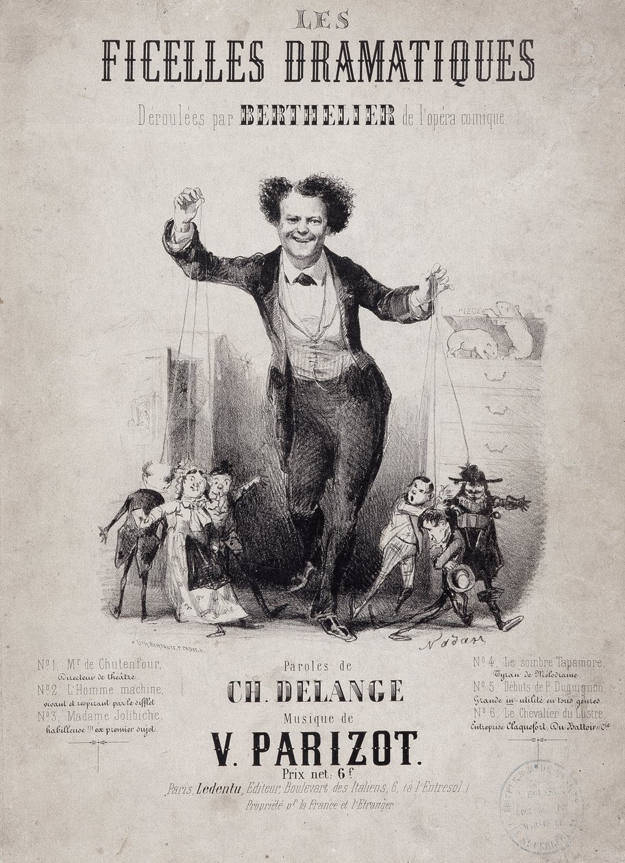 Porträt von Jean Berthelier (1830-1888) mit den Söhnen der Puppen. Album „Les Ficelles Dramatiques deroulees by Berthelier de l