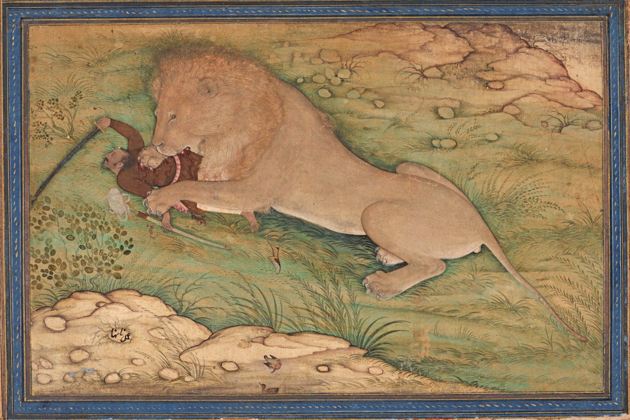 Gefahren der Jagd, ein Löwe stürzt sich auf einen Jäger, um 1615 von Nanha