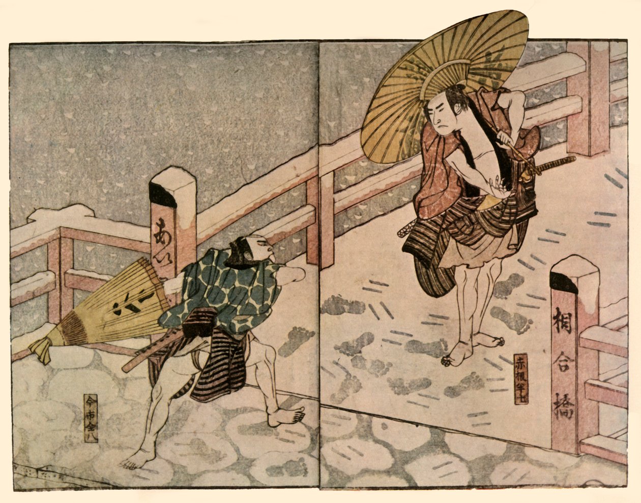 Barfüßige Männer mit Sonnenschirmen im Schnee, 1811 von Naniwa Shunkosai