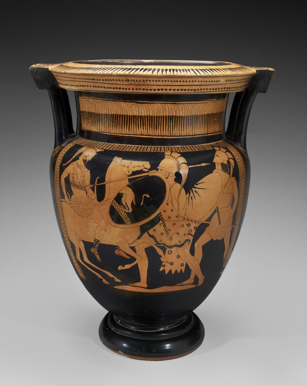 Rotfiguriger Terrakotta-Säulenkrater mit Kampfszene, 460-450 v. Chr. von Naples Painter (attr. to)