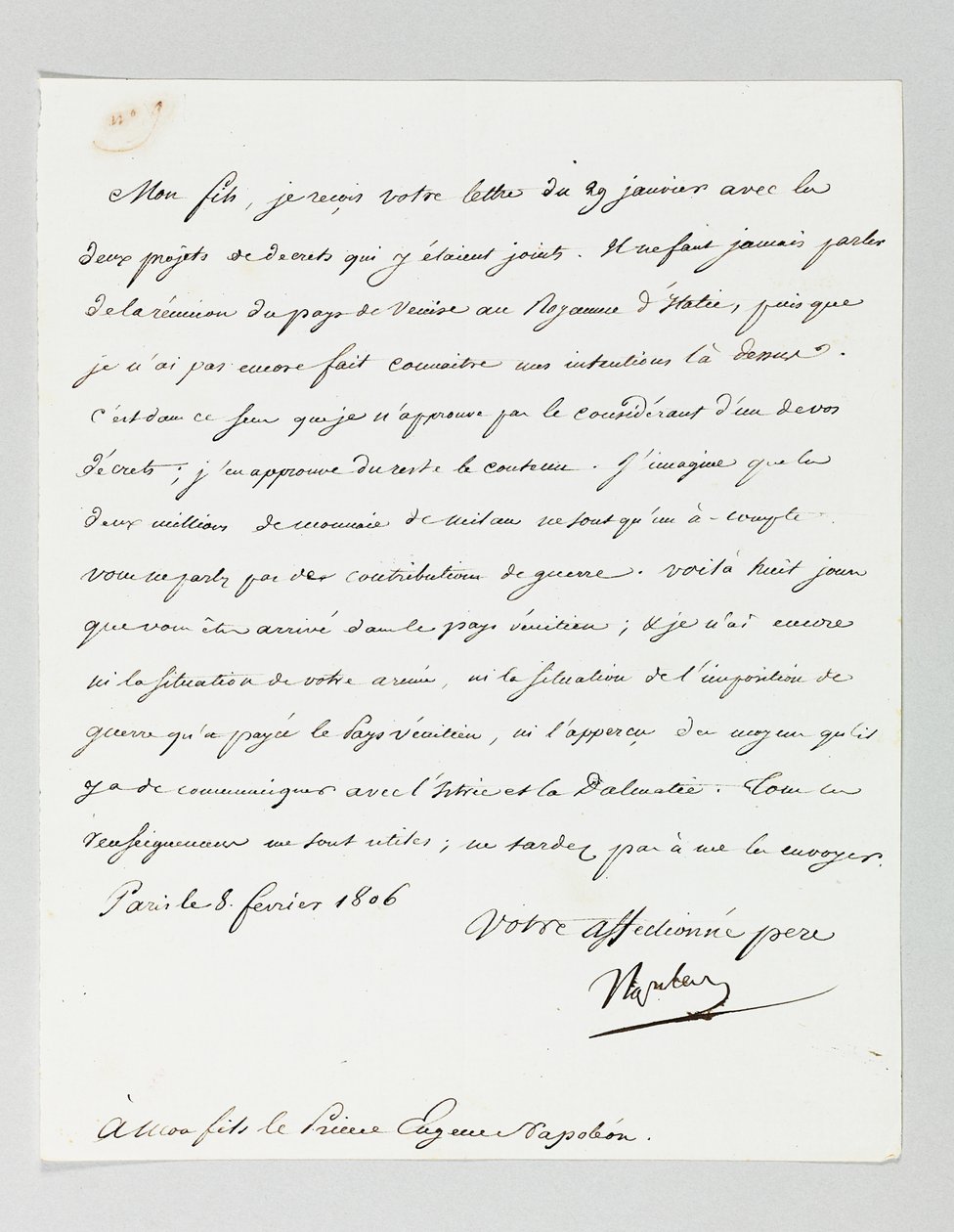 Signierter Brief von Napoleon an seinen Stiefsohn, Prinz Eugène de Beauharnais von Napoleon Bonaparte