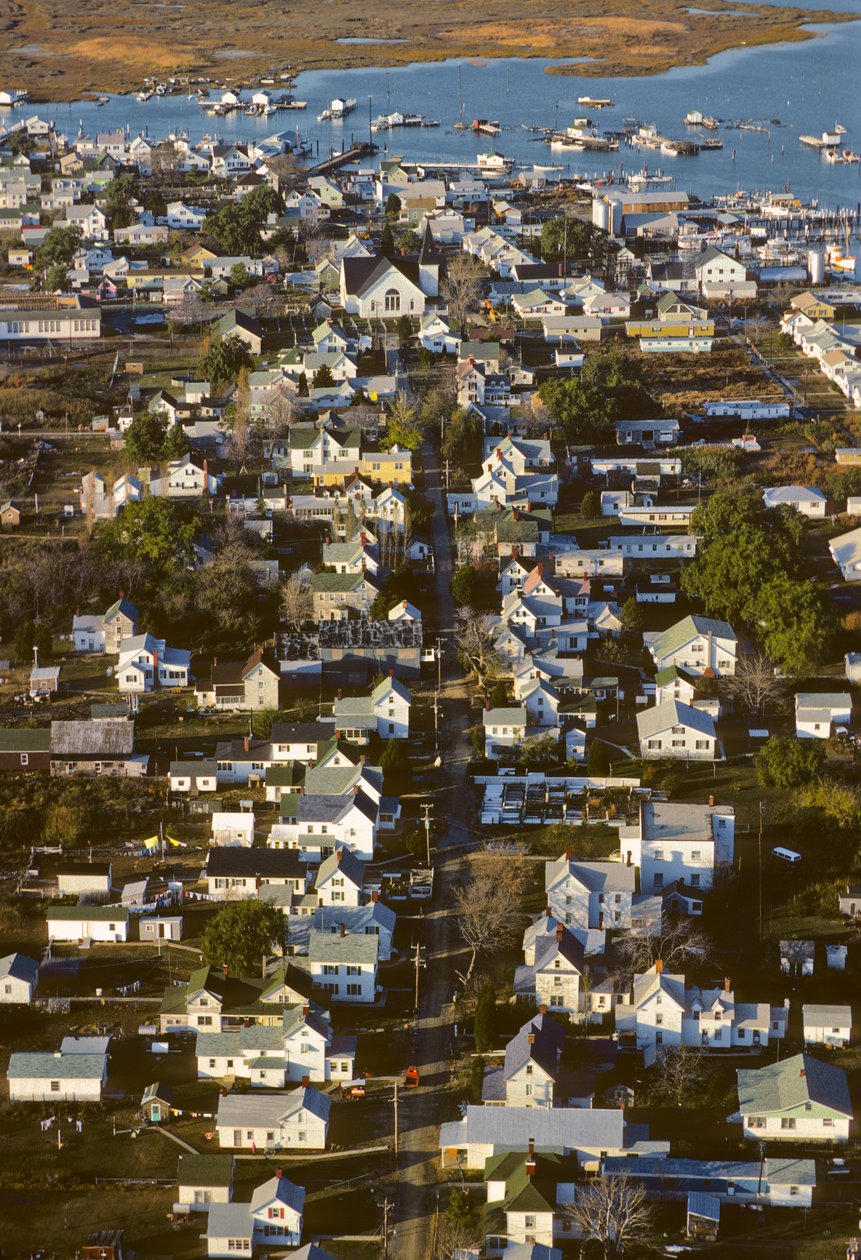 Luftaufnahme von Häusern entlang der King Street, der Siedlungsachse von Tangier Island von Nathan Benn
