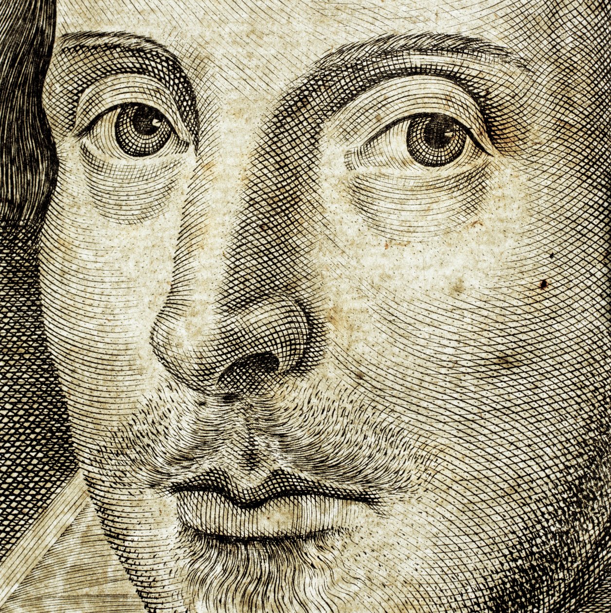 Detail des Porträts von William Shakespeare auf dem Frontispiz von Komödien, Historien und Tragödien von Nathan Benn