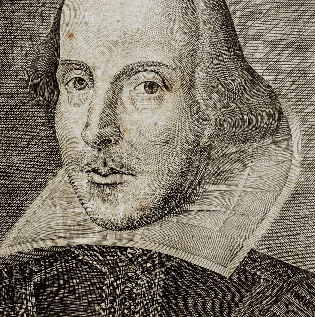 Detail des Porträts von William Shakespeare auf dem Frontispiz von Komödien, Historien und Tragödien von Nathan Benn