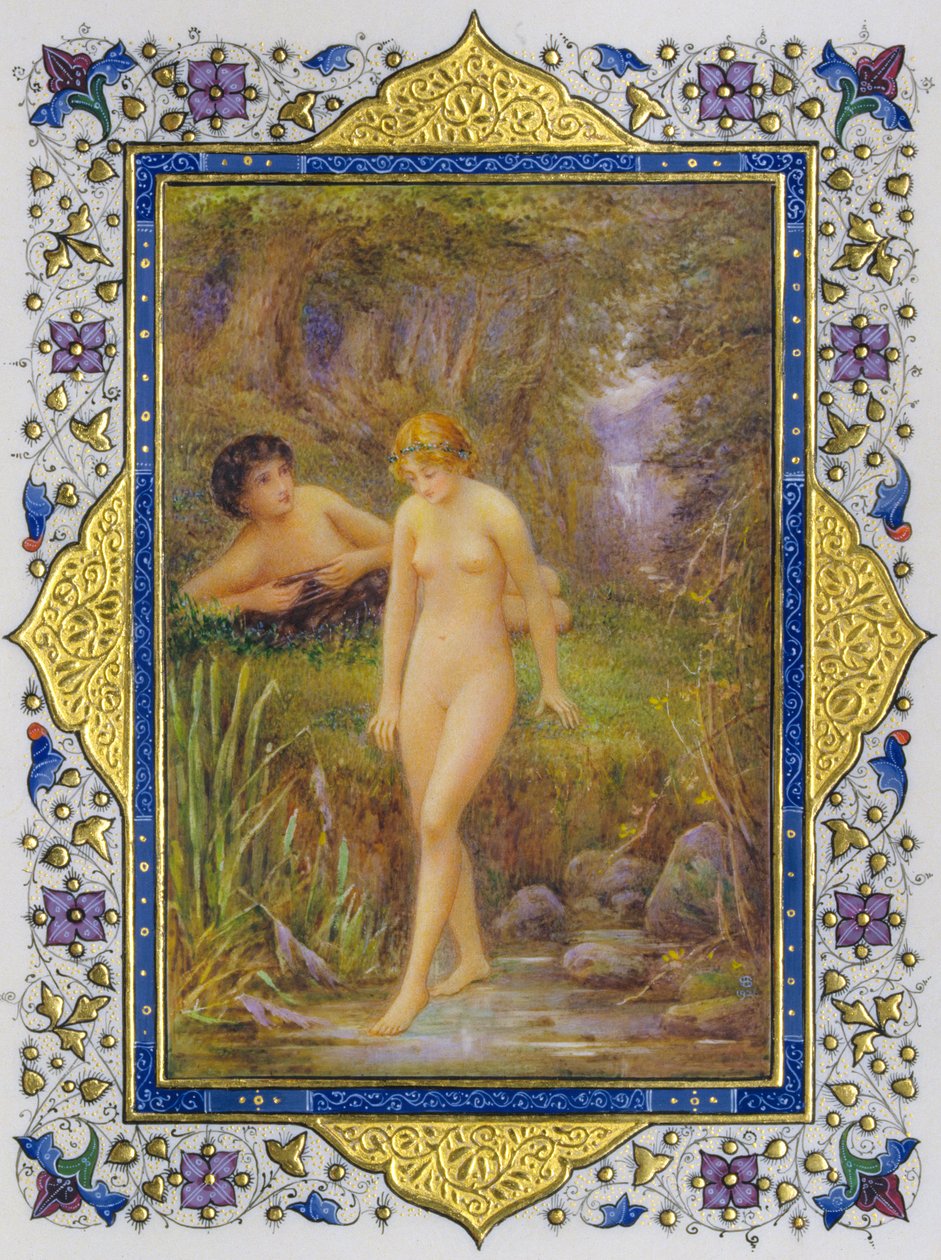 Illuminierte Seite aus einem Buch von Shakespeares Sonetten mit nackter Frau in pastoraler Fantasie von Nathan Benn