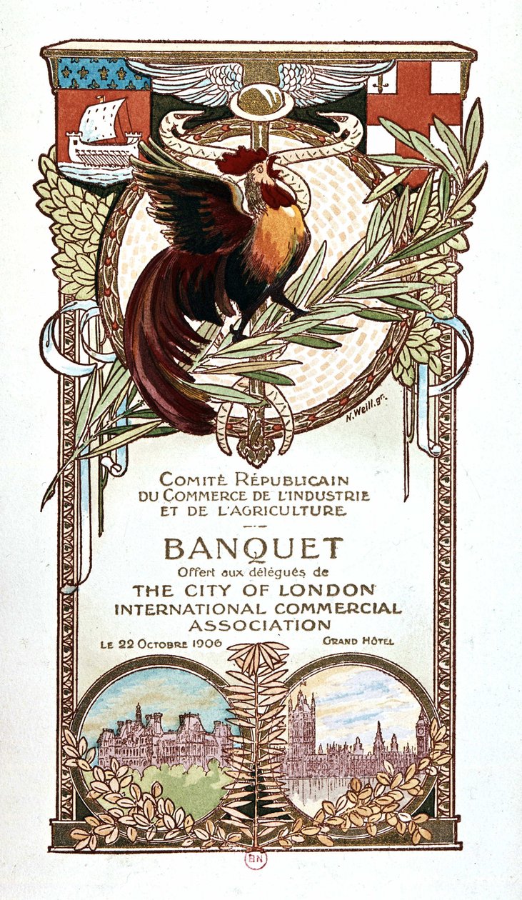 Hahn und Denkmäler, Bankettmenü des Republikanischen Komitees für Handel, Industrie und Landwirtschaft, angeboten am 22.11.1906 den Delegierten der Internationalen Handelsvereinigung der Stadt London von Nathan Weill