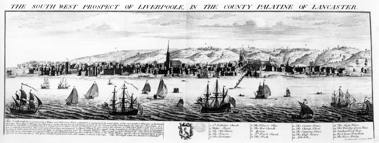Die Südwestansicht von Liverpool, in der Grafschaft Palatine of Lancaster, 1728 von Nathaniel and Samuel Buck