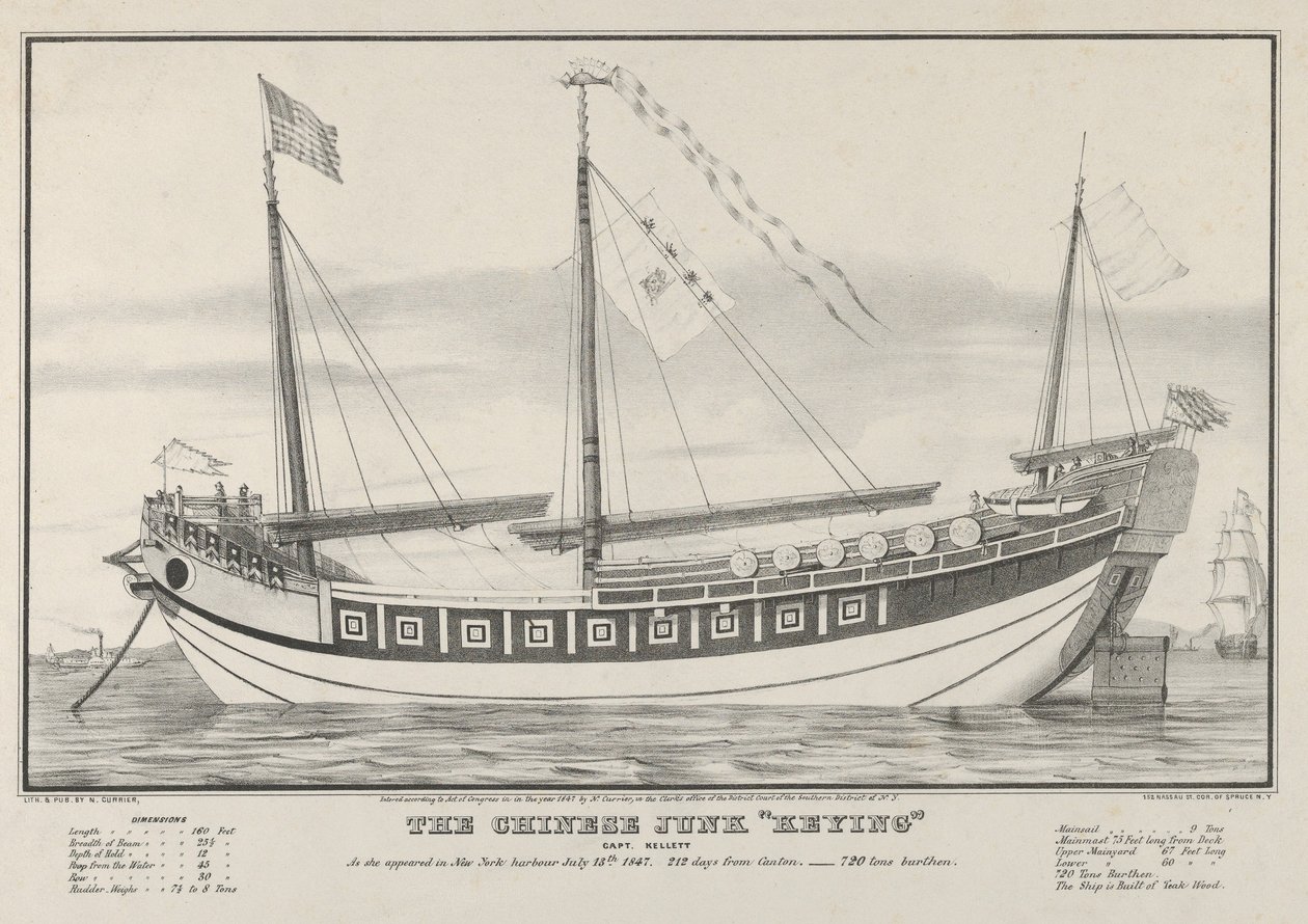 Die chinesische Dschunke Keying-Kapitän Kellett, wie sie im Hafen von New York erschien von Nathaniel Currier