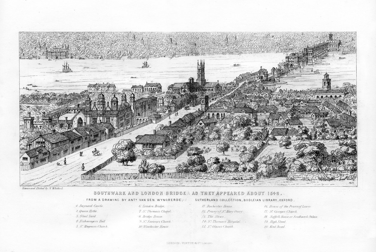 Southwark und London Bridge, wie sie um 1546 erschienen, um 1860 von Nathaniel Whittock