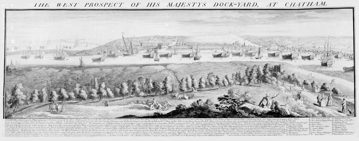 Die Westansicht der königlichen Werft in Chatham, 1738 von Nathaniel and Samuel Buck